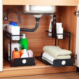 Tanice Under Sink Organizer, 2 Pack 2-Tiers Bathroom Cabinet Organizer, Slide Out Under Kitchen Sink Organizer, Under Sink Storage for Bathroom Kitchen, Black