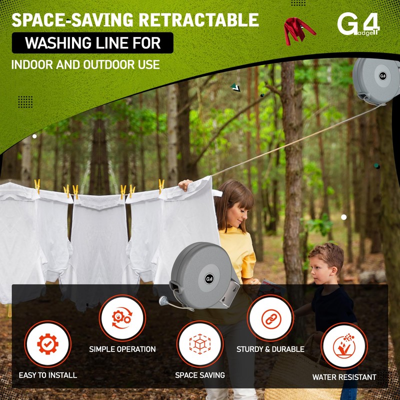 G4GADGET Outdoor Retractable Clothes Line 15m – Heavy Duty Retractable