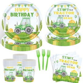 AXWATDEI 120PCS Tractor Birthday Party Supplies for Boy, Tractor Theme Birthday Decorations Tableware, 24Pcs Paper Dinner Plates 9'', Dessert Plates 7'', Cups, Forks Serve 24 Guest