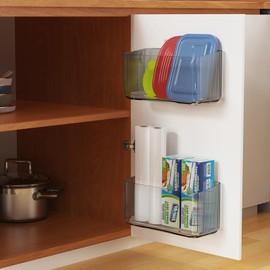 FavoThings 4 Pack Cabinet Door Organizers - Plastic Wrap Holders for Kitchen, No Drilling Wall Mount, Clear Grey