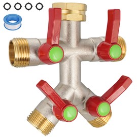 DINGBAI 4 Way Garden Hose Splitter. High Flow, 3/4” GHT Inlet Brass Heavy Duty Hose Converter, 4 Way Full Flow, Long Handle Hose Y-Valve Faucet Converter with Threaded Pipe Swivel and Large Outlet.