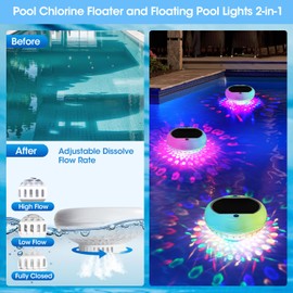 Pool Chlorine Floater, Solar Floating Pool Lights with USB Charging, 2600mAh 6.7 Inch IP68 Waterproof 13 Colors Upper Lower Glow Floating Lights, Adjustable Chlorine Dispenser for 1" & 3" 4 Pack