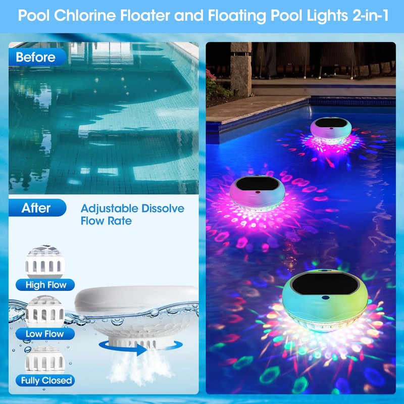 Pool Chlorine Floater, Solar Floating Pool Lights with USB Charging,