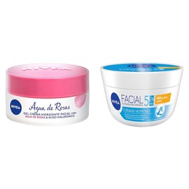 NIVEA Gel Crema Hidratante Facial Agua De Rosas (50 ml), con Ácido Hialurónico para una piel radiante y fresca + Crema Facial Hidratante 5 En 1 Cuidado Nutritivo (200 ml)