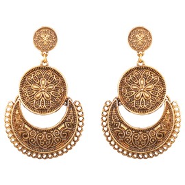 Touchstone Indian Bollywood pretty fringes and floral theme ethnic south Indian Chandbali Moon bridal designer jewelry chandelier earrings for women in antique gold tone and oxidized