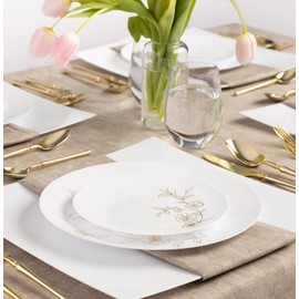 EcoQuality 9" inch Round White Plastic Plates with Gold Primrose Design - Disposable China Like Party Plates, Heavy Duty Dinner Plates, Salad Plate, Dinners, Wedding, Serveware (20)