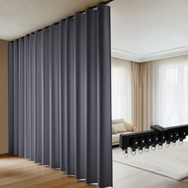 Room Divider Blackout Curtains Flexible Sliding Tracks Sets Ceiling Mounted Rod Window Curtain Privacy Separation for Bedroom Living Rooms,1 Panel Grey Drape and Black Track Set-W144xH108 in