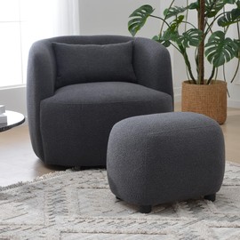 KINWELL Round Boucle Upholstered Ottoman Chair, Footstool with Soft Padded Seat, Fully Assembled Modern Sofa Couch Footrest, Extra Seating for Bedroom Entryway, Dark Gray(18.5" D x 23" W x 16.5" H)