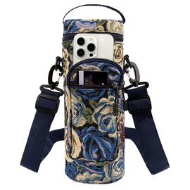 Linkidea Water Bottle Carrier with Strap Compatible with Yeti Yonder Bottle 1.5L Sports Water Bottle Carrier Shoulder Strap with Phone Pocket, Blue Flower