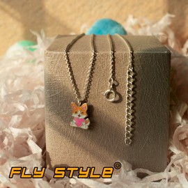 Fly Style Fox with Heart Pendant for Children / Girls / Women with Chain Silver / Children's Jewellery Girls, Sterling Silver