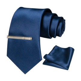 JEMYGINS Men's Satin Tie Set Tie & Pocket Square & Tie Clip, Dark blue 2