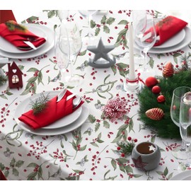 Home Expressions Christmas Oilcloth Tablecloth Mistletoe, Berries, Holly, Wipe Clean, Cotton with acrylic coating, Water Resistant (135cm x 229cm Oval)