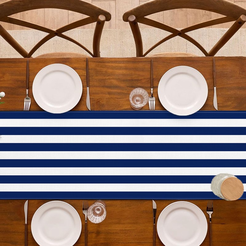 Buxiuer Navy Blue and White Striped Table Runner Nautical Theme