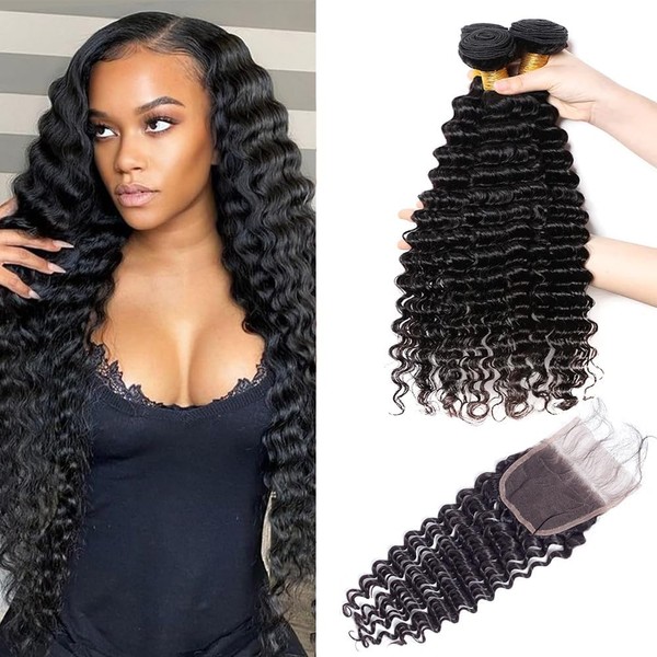 GOSSVOL Deep Wave Bundles with Closure Human Hair 20 22