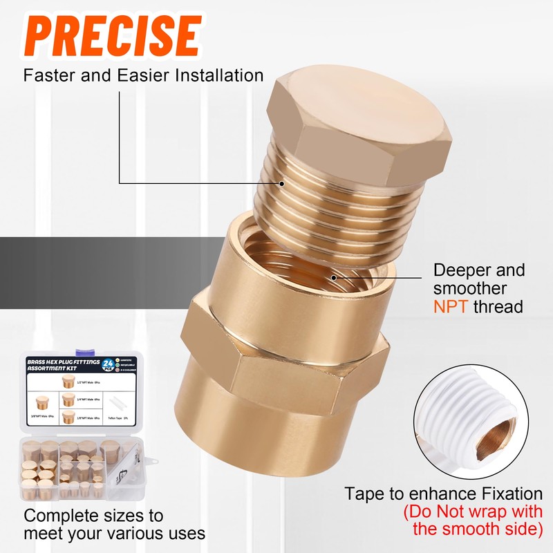 Ailbiuko 24 PCS Brass Hex Pipe Plug Fittings Kits 1/8"