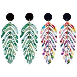 Handmade Bohemian Colorful Acrylic Leaf Dangle Drop Earrings Vintage Lightweight Resin Leaf Hook Earrings for Women