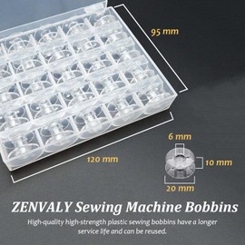 ZENVALY Sewing Machine Bobbins, Sewing Machine Bobbins with Transparent Bobbin Box, Universal Plastic Bobbins for Common Spool Sewing Machine, Pack of 25