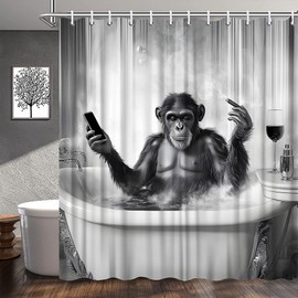 Funny Monkey Shower Curtain Fun Black Animal in Bathtub Bubble Taking Bath Vintage Wildlife Farmhouse Cool Men Boys Bathroom Decor Polyester Fabric Curtains with Hook 70Wx70H Inches