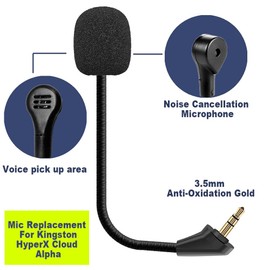 CLANMOU Game Mic Replacement for Kingston HyperX Cloud Alpha Gaming Headset, 3.5mm Detachable Noise Cancelling Headphone Microphone Boom