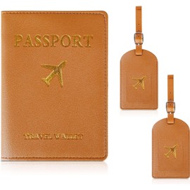 Passport Case, 2 Pieces (1 x Passport Protective Cover + 1 x Suitcase Tags), Passport Case Made of Brown Faux Leather with Gold Print, Men's Passport Holder for Credit Cards, ID and Travel Documents