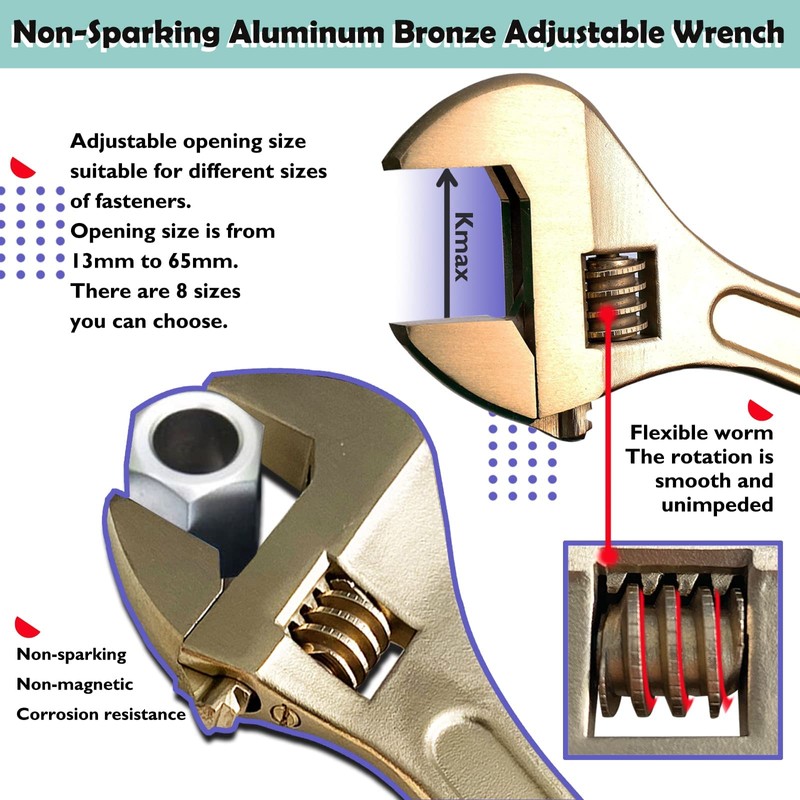 WEDO Non-Sparking Adjustable Wrench 8", Spark-free Safety Spanner, Safty Tool,Beryllium