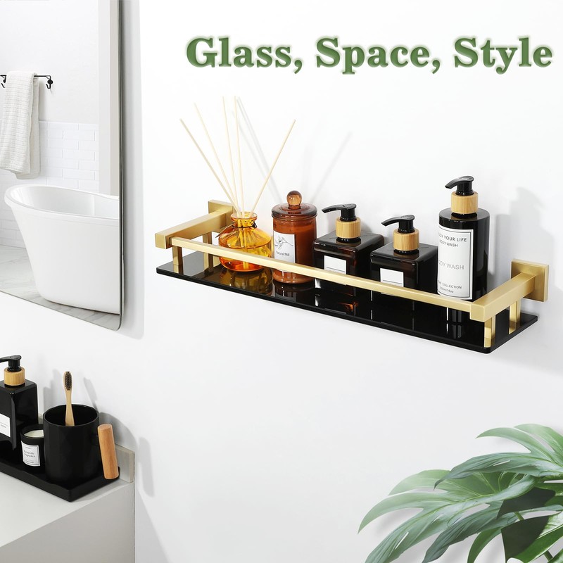 Alise Glass Shelf with Railing for Bathroom, Gold Bathroom Shelves
