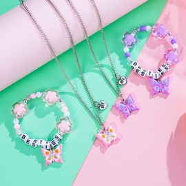 PinkSheep BFF Necklaces and Bracelet for 2, Butterfly Unicorn Princess Friendship Necklace for Teen Girls Best Friend Birthday Gift (butterfly)