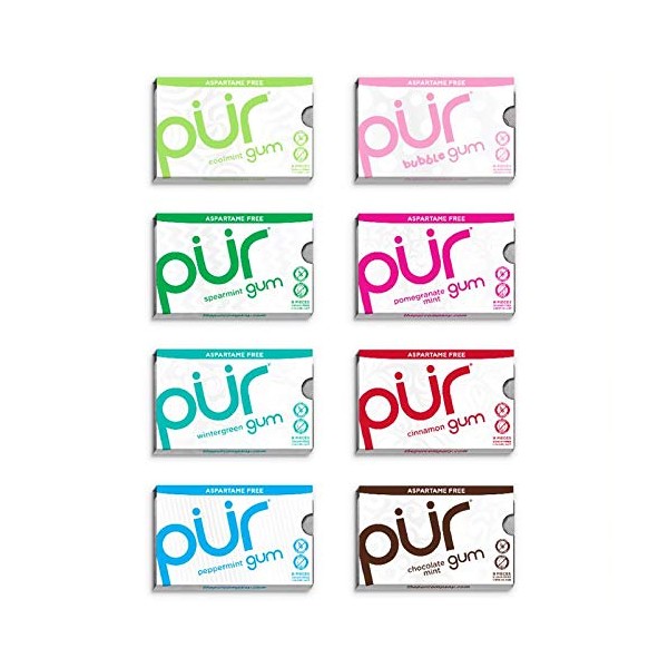 PUR 100% Xylitol Chewing Gum, Sugarless Variety Bulk, Sugar free & Aspartame Free, Keto Friendly Gift - Gourmet Gum, Relieves Dry Mouth - Pure Natural Flavored Candy, 9 Pieces per Pack (Pack of 8)