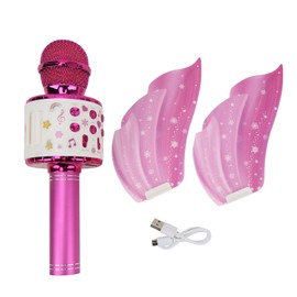 Kids Bluetooth Microphone Wireless LED Lights Wings Decoration USB Rechargeable Handheld Alloy Microphone Loudspeaker Pink