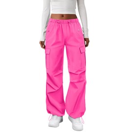 COPYLEAF Cargo Pants Women Elastic Waisted Parachute Hiking Pants with Pockets Water-Resistant Lightweight Baggy Pants(Hot Pink S)