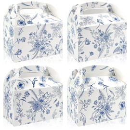 24 Pack Blue Floral Party Cardboard Treat Box with Handles Blue Floral Birthday Party Favor Boxes with Chinoiserie Floral Printed Goody Treat Boxes for Wedding Tea Bridal Shower Birthday Supplies