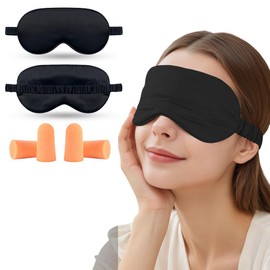 AWOGIPD 2PCS Schlafmaske aus Seide, Seitenschläfer Lichtblockierend Schlafbrille mit Verstellbarem Gummiband, Seide Augenmaske Mit Ohrstöpseln mit Verstellbarem Gummiband für Herren, Frauen und Kinder