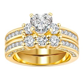 Yellow Gold Filled Three-stone Womens Wedding Ring Sets Bridal Sets Heart cut Cz Engagement Ring Wedding Bands