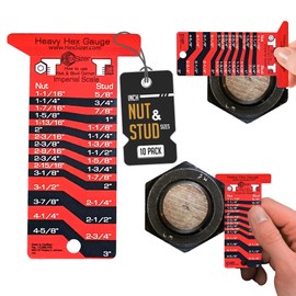 HexSizer 10 Pack Heavy Hex Nut, Bolt & Stud Gauge Tool - Durable Plastic Measuring Gauge Set, Compact, with Protective Vinyl Sleeve - Hardware Sizing Tool Identifier - Inch Measurement (Black on Red)