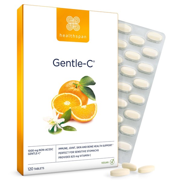Healthspan Gentle Vitamin C 1,000 mg | 120 Tablets | 1,000% NRV | Stomach Friendly Calcium Ascorbate | Immune and Joint Health | Vegan