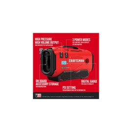 CRAFTSMAN V20 Tire Inflator Portable Air Compressor, Car Air Pump, 3 Modes Tire Pump: Cordless, 120V Corded, and 12V Car Adapter, Battery Sold Separately (CMCE520B)