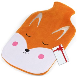 Hot Water Bottle 2L | Warm Water Bag | with Soft Fleece Embroidered Cover | for Pain Relief | 35 x 18.5 cm / 2 Liter | Insulated Rubber Cold Water Bag | Fox Pattern [092]