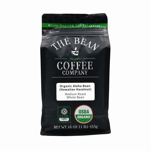 The Bean Organic Coffee Company, Aloha Bean (Hawaiian Hazelnut), Medium Roast Coffee Beans, Whole Bean Coffee 16 Oz, 1 Bag, Certified Organic, Roasted in the USA