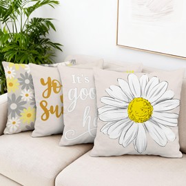 Hexagram Spring Summer Pillow Covers 18x18 Set of 4, Outdoor Floral Daisy Decorative Grey Throw Pillow Covers, You are My Sunshine Farmhouse Cushion Case for Couch Sofa Indoor Home Decor(No Insert)