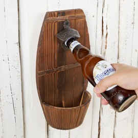 Wooden Wall Mounted Beer Barrel keg Bottle Opener, Vintage Bottle Opener with Cap Collector Catcher, Ideal Gift for Men and Beer Lovers, Use as Bar Decoration.