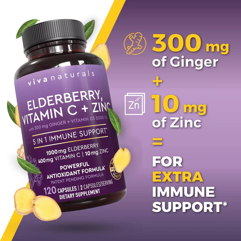 Viva Naturals Elderberry Supplement With Zinc Vitamin C 120 Count
