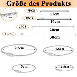 NISENTIA Key Ring Wire Rope, Pack of 21 Stainless Steel Key Ring Large with Screw Lock 10/15/30 cm Wire Key Fob Goods Ring Key Ring for Luggage Tags, Keys, Pendant, silver
