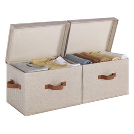 StorageWorks Fabric Storage Bins with Lid, Decorative Storage Boxes for Shelves, Stackable Closet Organizer Basket with Handles, Large, Brown and Beige, 2-Pack