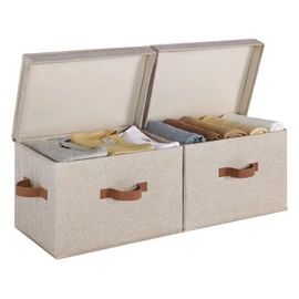 StorageWorks Fabric Storage Bins with Lid, Decorative Storage Boxes for Shelves, Stackable Closet Organizer Basket with Handles, Large, Brown and Beige, 2-Pack