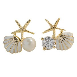 Boho Shell Earrings for Women Asymmetry Exquisite Starfish Shell Earring Crystal Pearl Earring Beach Jewelry Gift (white)