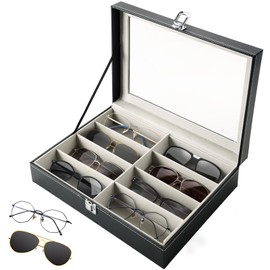 FLKQC 8 Slot Eyeglass Sunglass Storage Box, Black PU Leather Glasses Case for Women Men, 8 Slot Eyeglasses Storage and Sunglasses Organizer Drawer Lockable Case Organizer