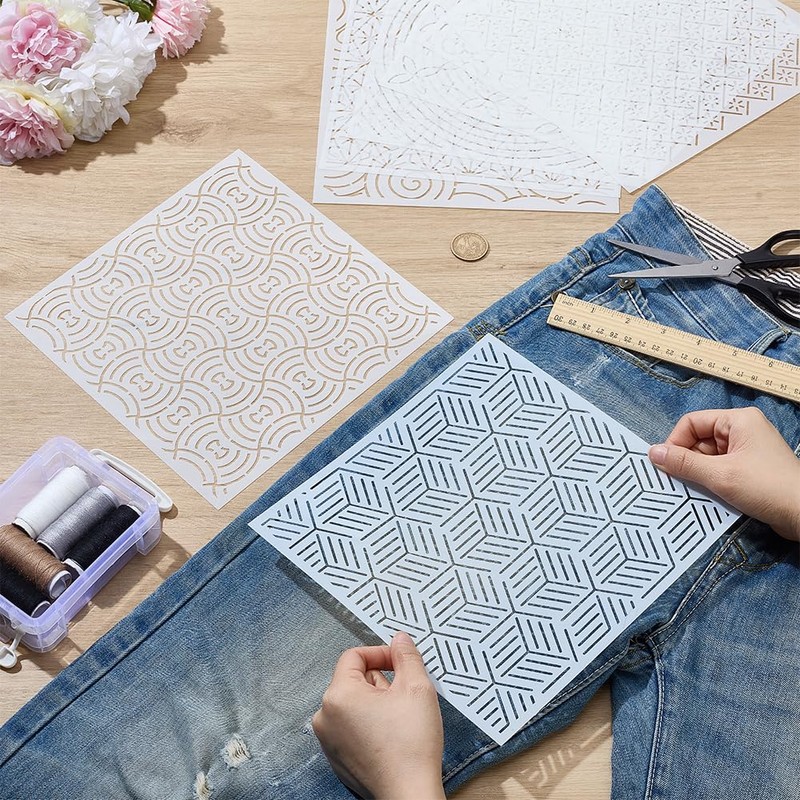 FREEBLOSS Pack of 8 Sashiko Stencils Sashiko PET Template Embroidery