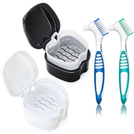 Denture Bath Case Retainer Cleaner Case with Strainer Basket, Denture Cup Dental Retainer Holder Case for Soaking Mouthguard Cleaning Storage Box Case - Black and White