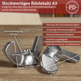 PD® Wing Nuts M5 (DIN 315) | High-Quality A2 V2A Stainless Steel Wing Nut | Rustproof Wing Nut Butterfly Nut for Universal Use | Pack of 25