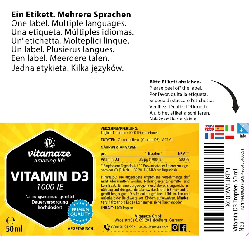 Vitamaze® Vitamine D3 Gouttes Fortes Doses 1000 UI, 50 ml